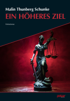 auf einer mit dubkelrotem Vorhang behängten Bühne steht die Figur von Justitia, der Göttin der Gerechtigkeit