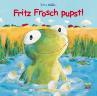 Frosch istzt im Teich und um ihn herum platzen Luftblasen an der Oberfläche