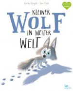 Ein Baby-Wolf schaut mit großen Augen während es im Schnee tapst