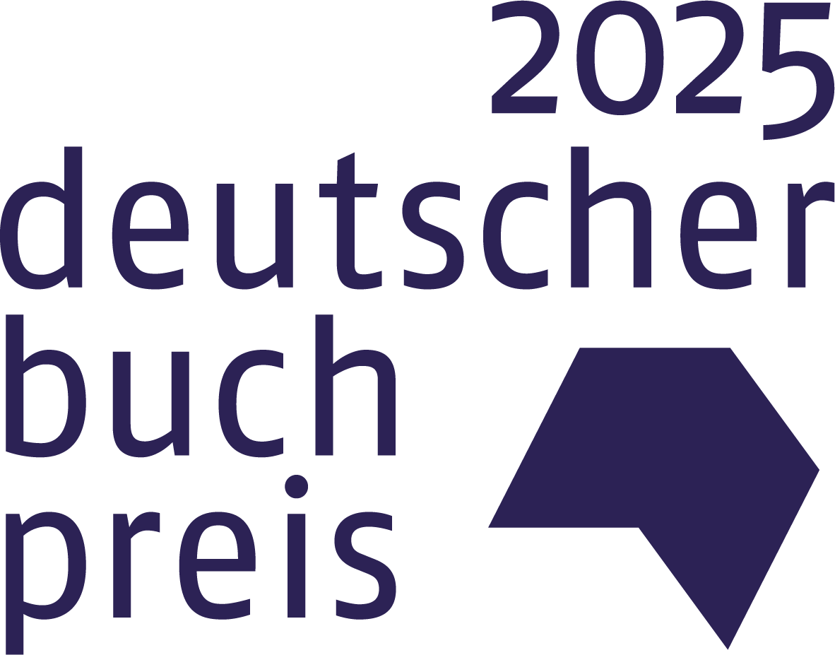 Schriftzug 2025 Deutscher Buchpreis mit dem Logo eines gezeichneten aufgeschlagenen Buches
