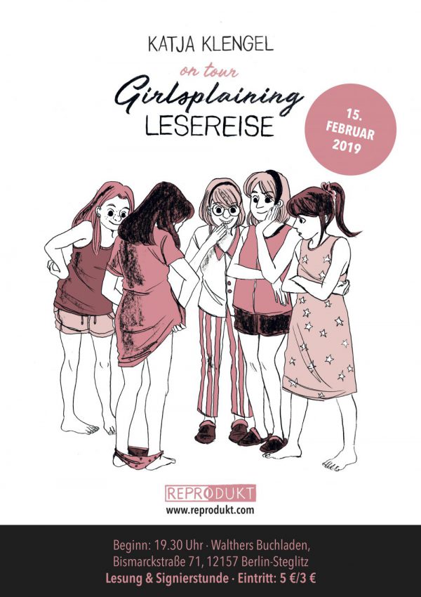 Ein Mädchen zeigt (vorm Auge des Betrachters versteckt) 4 anderen Mädchen, was unter ihrem Kleid ist.