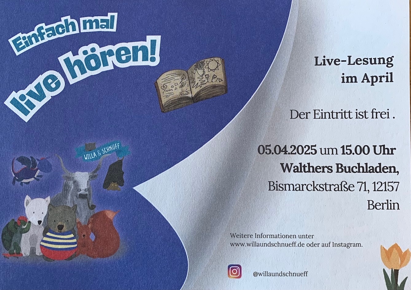 Veranstaltungsflyer Willa und Schnüff Live-Lesung am 05.04.25 15 Uhr in Walthers Buchladen