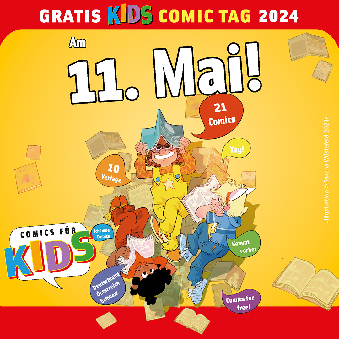 Drei Kinder, umgeben von sehr vielen Comics, liegend lesend und drum herum die Ankündigung zum Gratis Comic Tag 2024.