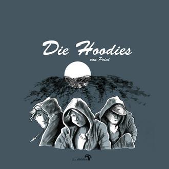 Drei Menschen, die unter ihren Hoodie-Kapuzen hervorschauen