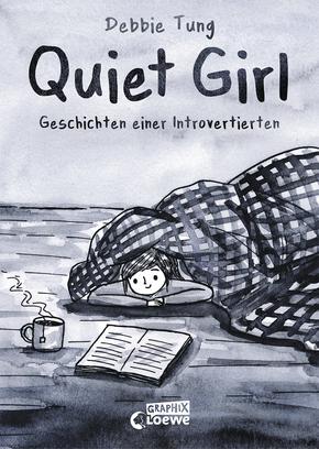 In schwarz-weiss-Zeichnung gehaltenes Cover, eine zufrieden aussehende junge Frau liegt auf dem Boden unter einer Bettdecke, liest ein Buch, daneben steht eine dampfende Tasse Tee