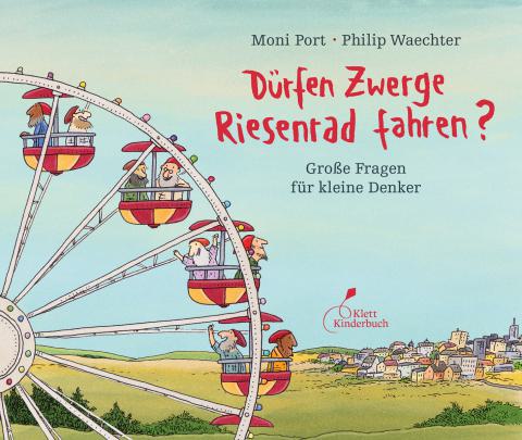 Zwerge im Riesenrad vor einer gezeichneten Landschaft