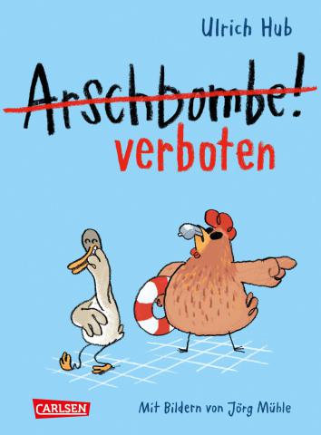 Ein blindes Huhn zeigt mit dem Flügel der lahmen Ente den autoritär Weg hinaus. Dabei hat es einen Rettungsring unter dem Flügel. Die lahme Ente hält sich einen Flügel beschämt vor das Gesicht.