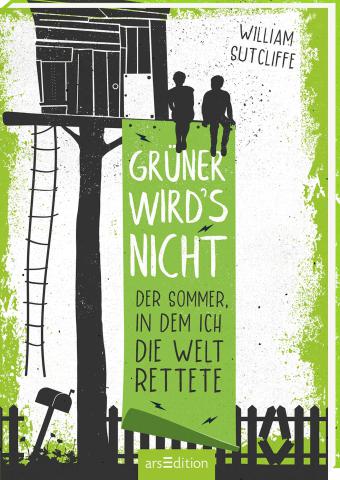 Ein in schwarz gezeichnetes Baumhaus, auf dem Vorsprung sitzend zwei Personen. Herunter hängt ein grünes Plakat, auf dem der Buchtitel steht