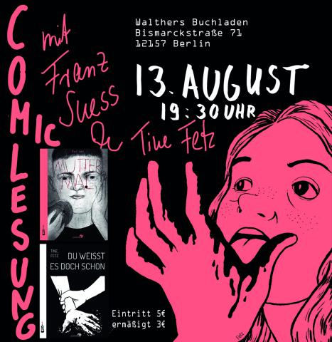 Ankündung für eine Comiclesung mit 2 Autor*innen. Tine Fetz und Franz Suess.