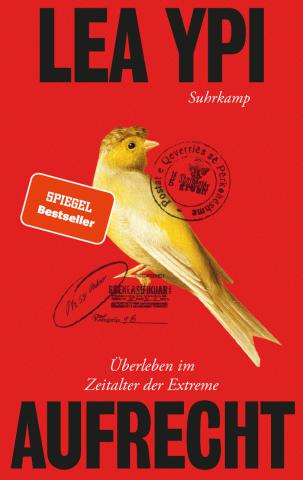 auf rotem Untergrund in schwarz der Titel und der Name der Auorin, mittig ein gelber Kanarienvogel, darüber ein Poststempel und darunter ein weiterer Stempelabdruck in albanischer Sprache